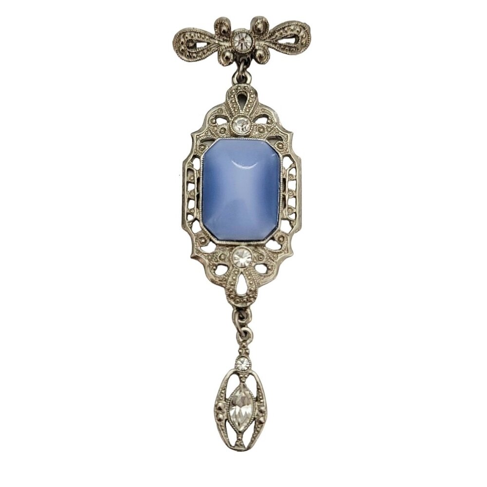 1928 Jewelry Co Vintage Silver Tone Company Lavaliere Blue Glass Bow Brooch M873